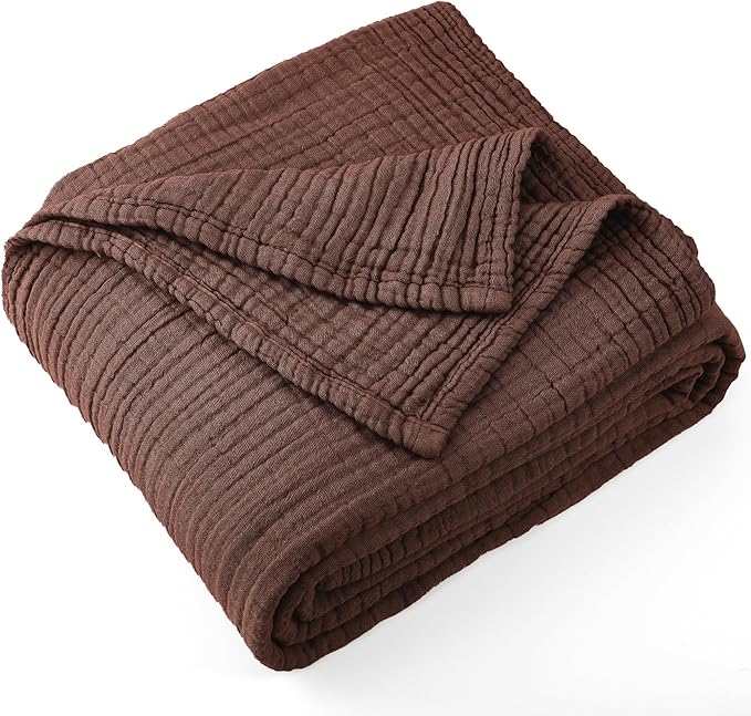 Carriediosa 100% Cotton Muslin Throw Blanket 90" X 90" Queen Size，4-Layers Summer Gauze Throws for Bed Couch，Soft Lightweight Breathable Linen Blankets Bedspread for Adults All Season，Dark Brown