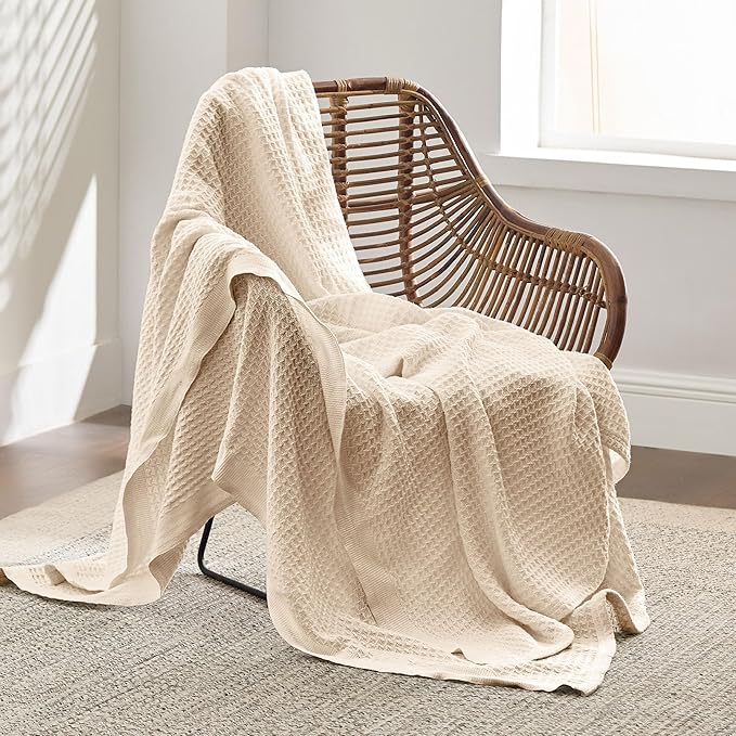 Bedsure 100% Cotton Blanket Twin XL Size for College Dorm - Breathable and Soft, Waffle Weave Twin Blanket for Summer, Dorm Room Essentials, Yellowish Cream, 66x90 inches