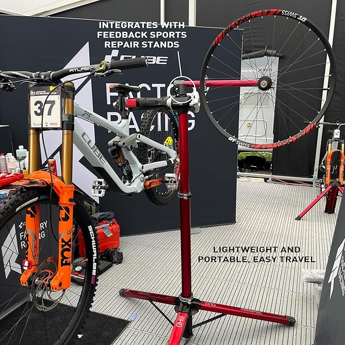 FEEDBACK SPORTS | Pro Truing Stand with Thru Axle Adapter | Compact and Portable Lightweight Aluminum | Integrates With Repair Stand | Precision Spring-Loaded Tip Verifies Lateral True