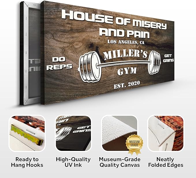 Tailored Canvases Personalized Gym Sign Wall Art Decor - Motivational Canvas for Home Gym, Workout Room, Garage, Fitness Center - Workout Inspirational Posters - House of Misery and Pain, Wooden 48x24in