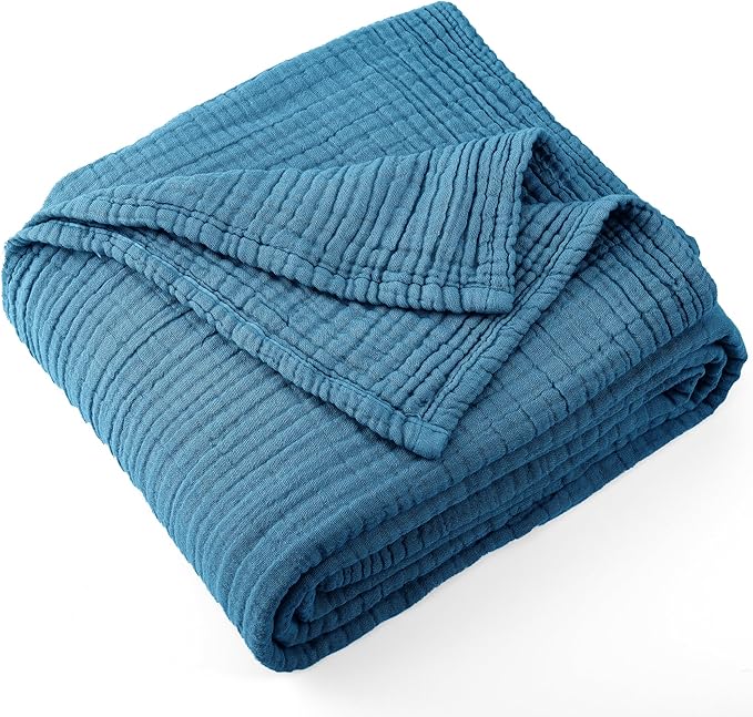 Carriediosa 100% Cotton Muslin Throw Blanket 66" X 90" Twin XL Size，4-Layers Summer Gauze Throws for Bed Couch，Soft Lightweight Breathable Linen Blankets Bedspread for Adults All Season，Dusty Blue