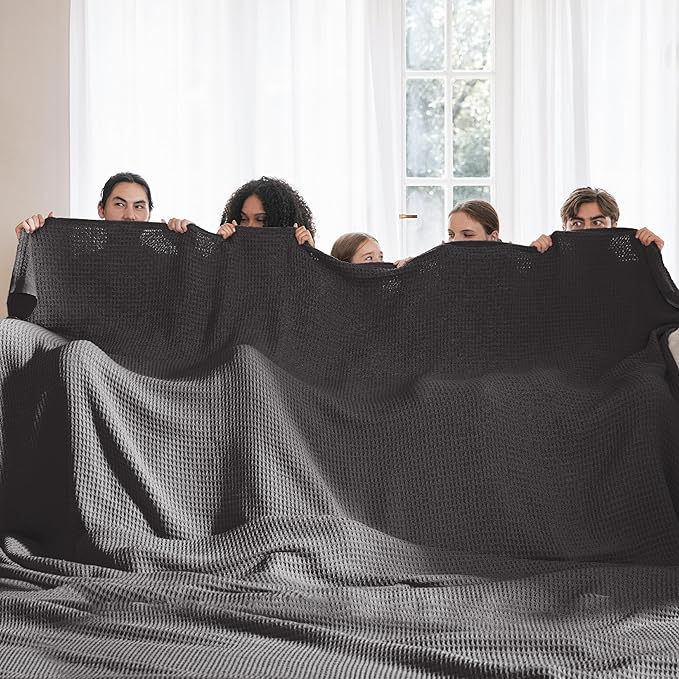 Bedsure 100% Cotton Large Blanket Oversized King for Bed - Breathable Thick Waffle Weave Blanket for Summer, Couch Cover, Dark Grey, 120x94 inches