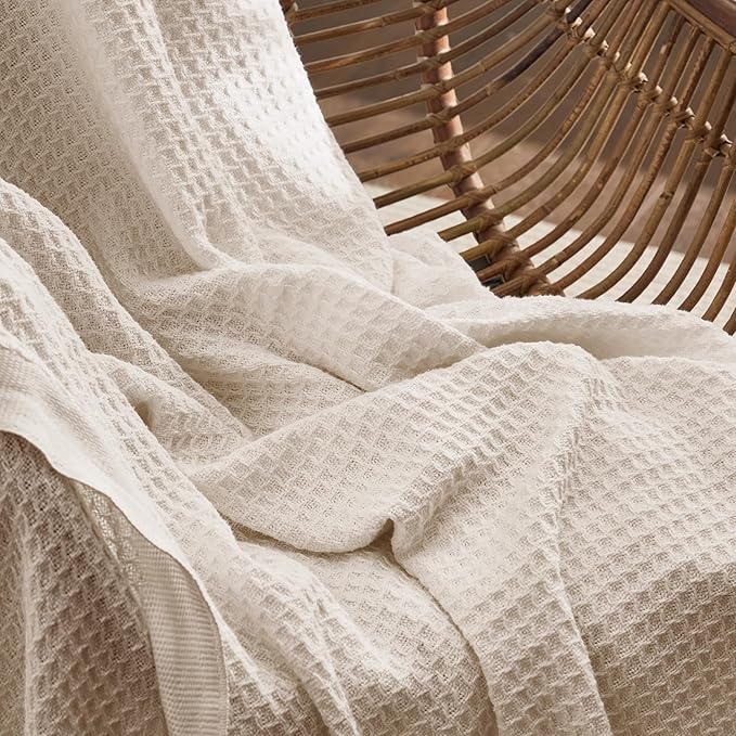 Bedsure 100% Cotton Large Throw Blanket for Couch 50x70 inches - Breathable and Soft, Waffle Weave Throw Blanket for Office, Khaki (a Little Bit Yellow)