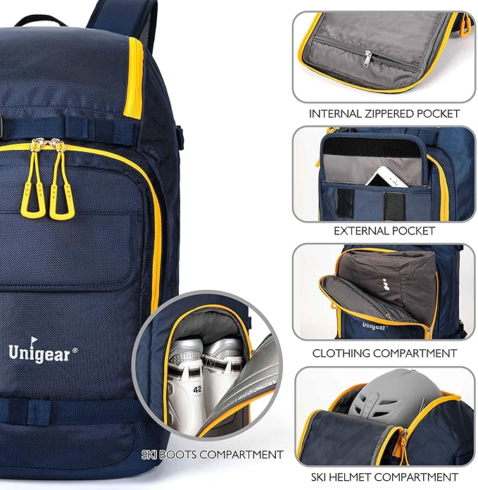 Unigear Ski Boot Bag, 50L Ski Boot Travel Backpack for Ski Helmet, Goggles, Gloves, Skis, Snowboard & Accessories (Blue)