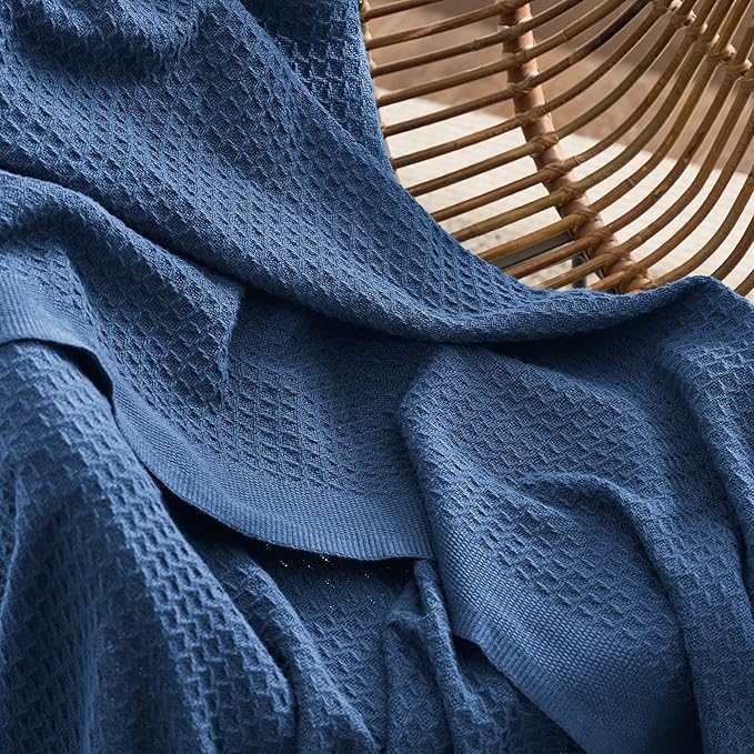 Bedsure 100% Cotton Blanket Queen Size for Bed - Breathable and Soft, Waffle Weave Blanket for Summer, Thick Cozy Fall Blankets for Women Gift, Navy, 90x90 Inches