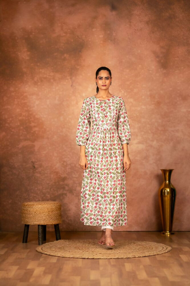 Joban Fashion Red Floral Hand Block Printed Cotton Kurta Pant Set
