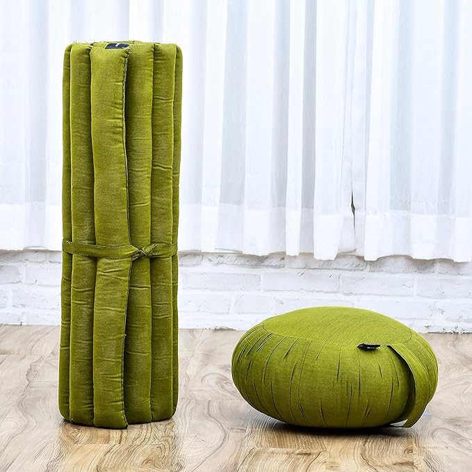 Leewadee Meditation Cushion Set – 1 Round Zafu Meditation Pillow and 1 Square Roll-Up Zabuton Meditation Mat, Pillows Bundle Filled with Kapok