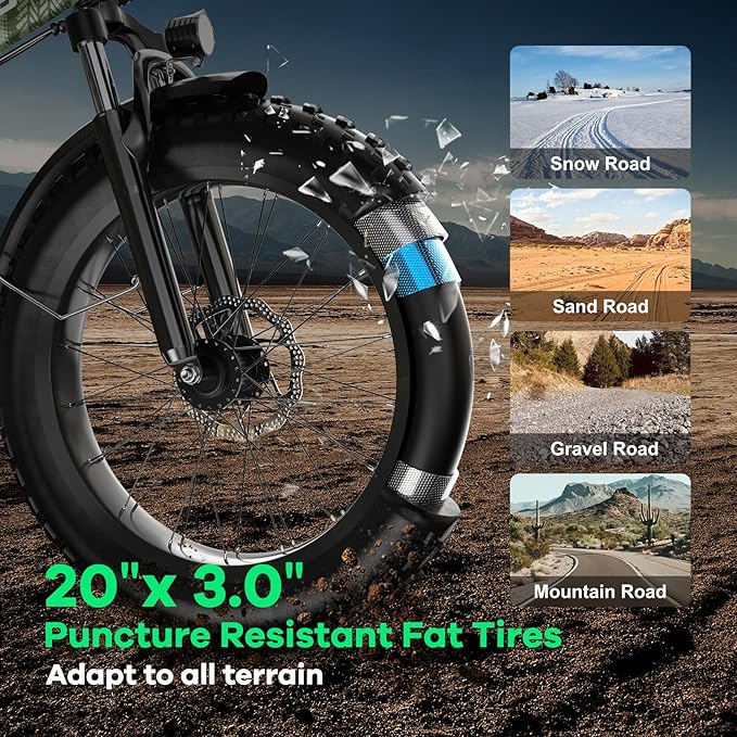 Foldable Electric Bike for Adults, 30+MPH, 48V 20Ah Removable Lithium Battery up to 80Miles, 20" Fat Tire 1000W Peak Motor Dirt Ebike Adult Electric Bicycle for Commute Beach Mountain E Bike