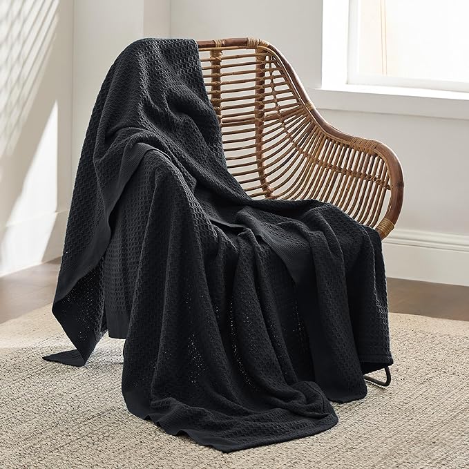 Bedsure 100% Cotton Blanket Twin XL Size for College Dorm - Breathable and Soft, Waffle Weave Twin Blanket for Summer, Dorm Room Essentials, Black, 66x90 inches