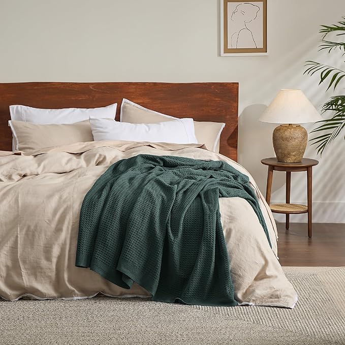 Bedsure 100% Cotton Blanket Twin XL Size for College Dorm - Breathable and Soft, Waffle Weave Twin Blanket for Summer, Dorm Room Essentials, Dark Green, 66x90 inches
