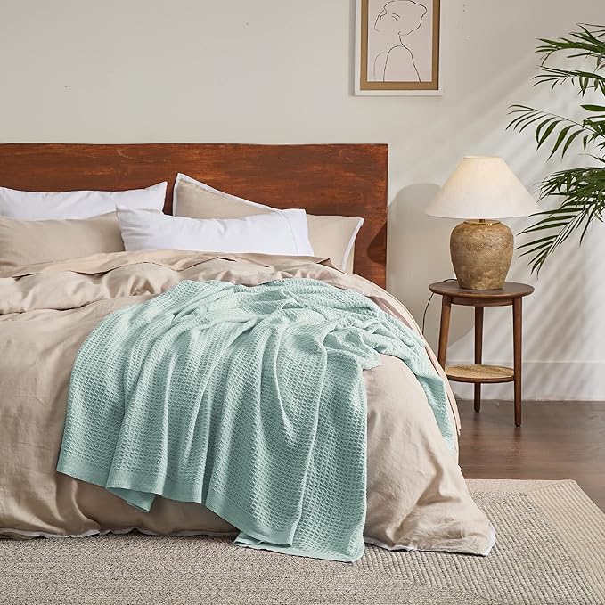 Bedsure 100% Cotton Blanket King Size for Bed - Breathable and Soft, Waffle Weave Blanket for Summer, Thick Cozy Fall Blankets for Women Gift, Mint, 104x90 inches