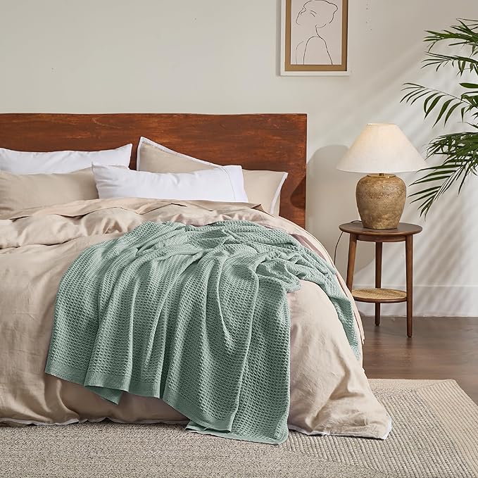 Bedsure 100% Cotton Blanket Twin XL Size for College Dorm - Breathable and Soft, Waffle Weave Twin Blanket for Summer, Dorm Room Essentials, Sage Green, 66x90 inches
