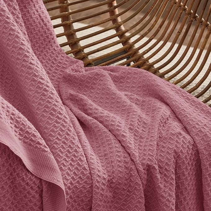 Bedsure 100% Cotton Blanket Queen Size for Bed - Breathable and Soft, Waffle Weave Blanket for Summer, Thick Cozy Fall Blankets for Women Gift, Dusty Rose, 90x90 Inches