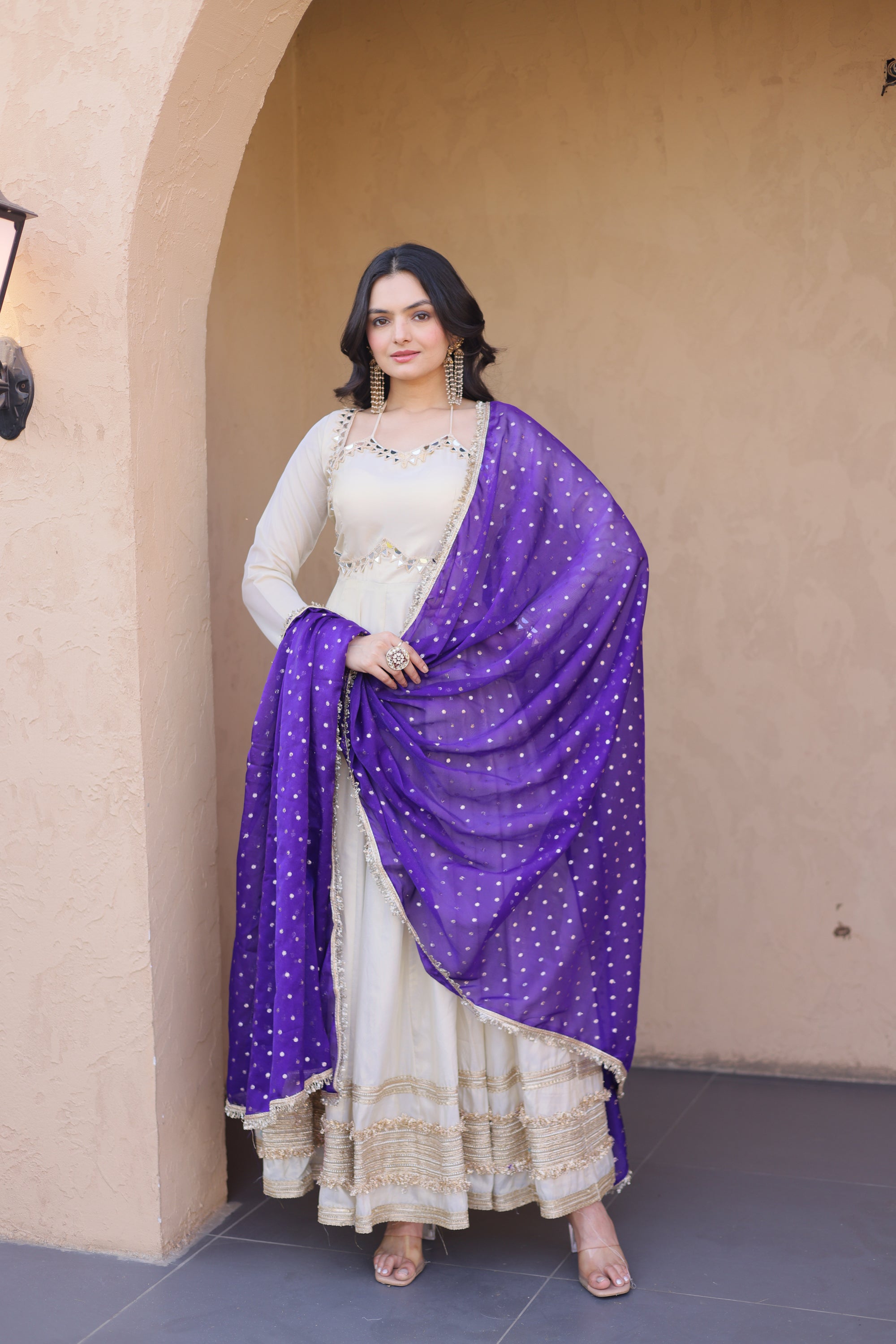 Lorenvalley Fashion Cream Cosmos with Real Mirror with Zari Embroidered lace work Gown with Dupatta