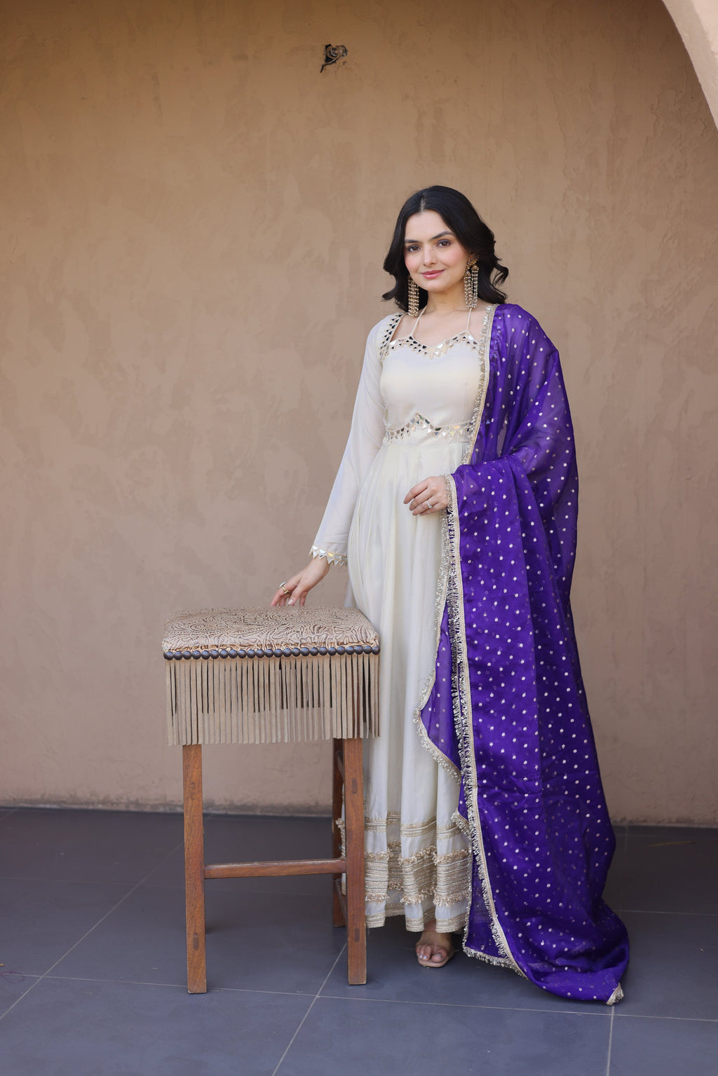 Lorenvalley Fashion Cream Cosmos with Real Mirror with Zari Embroidered lace work Gown with Dupatta