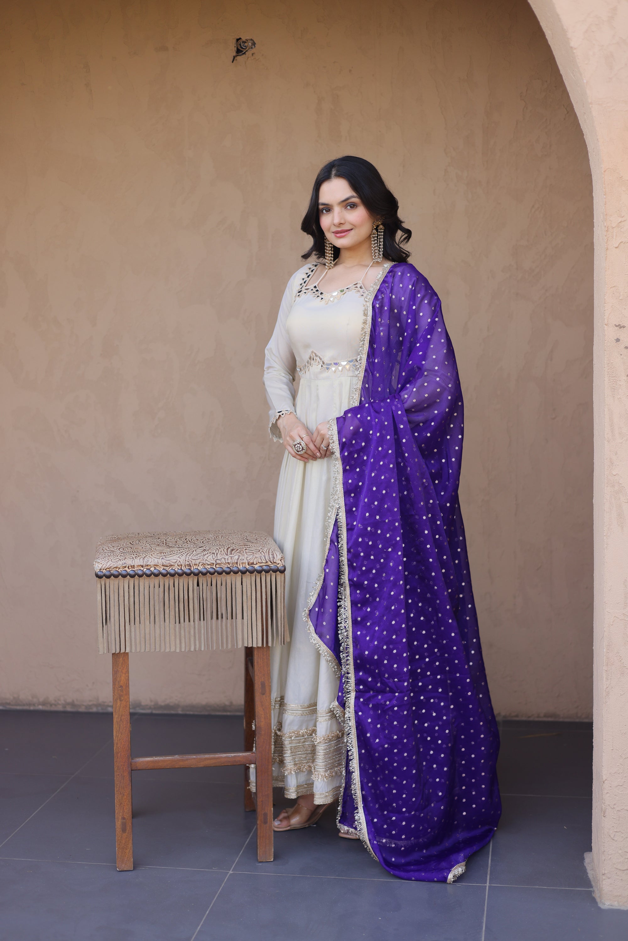 Lorenvalley Fashion Cream Cosmos with Real Mirror with Zari Embroidered lace work Gown with Dupatta