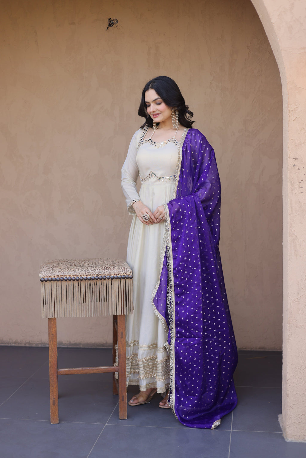 Lorenvalley Fashion Cream Cosmos with Real Mirror with Zari Embroidered lace work Gown with Dupatta