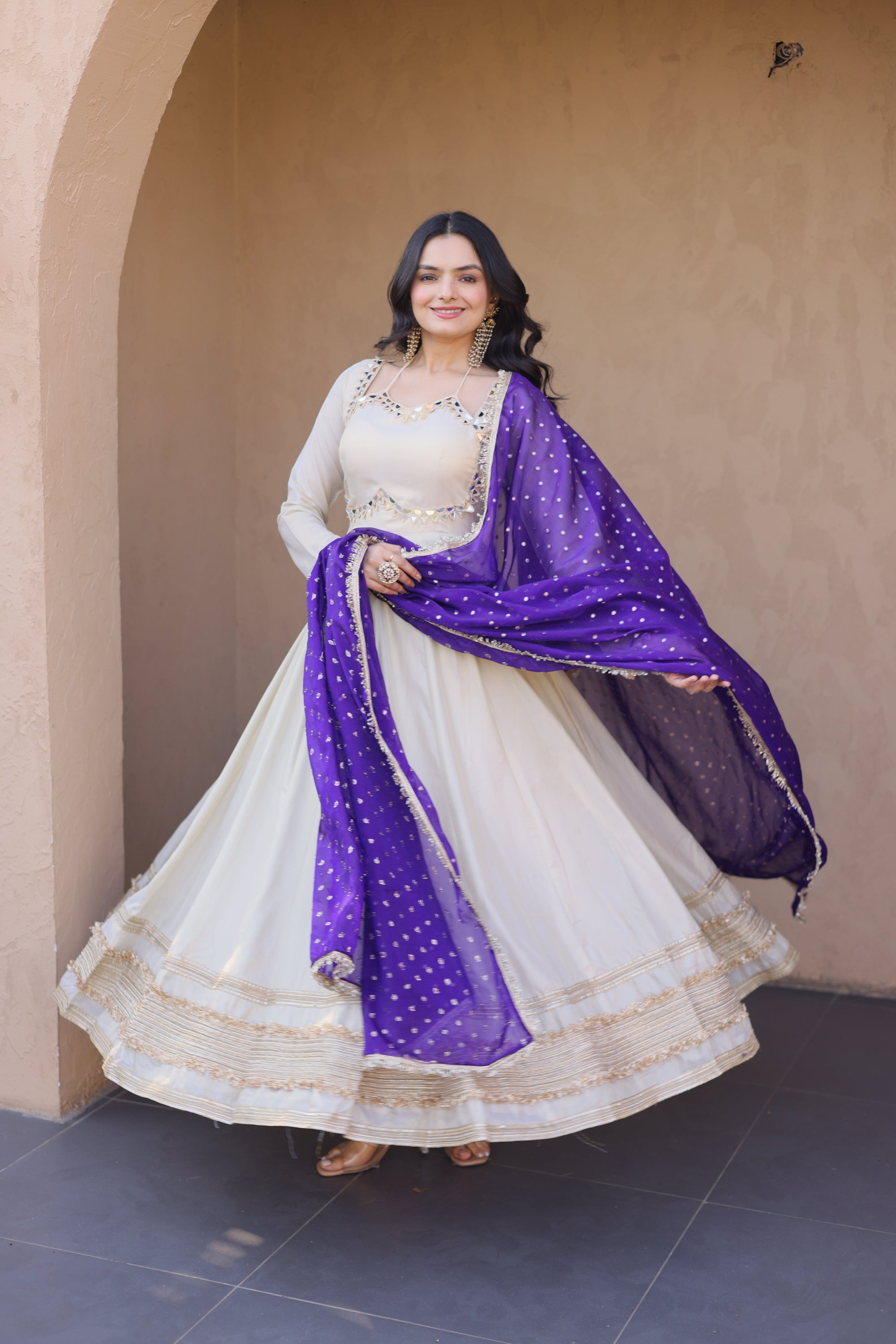 Lorenvalley Fashion Cream Cosmos with Real Mirror with Zari Embroidered lace work Gown with Dupatta