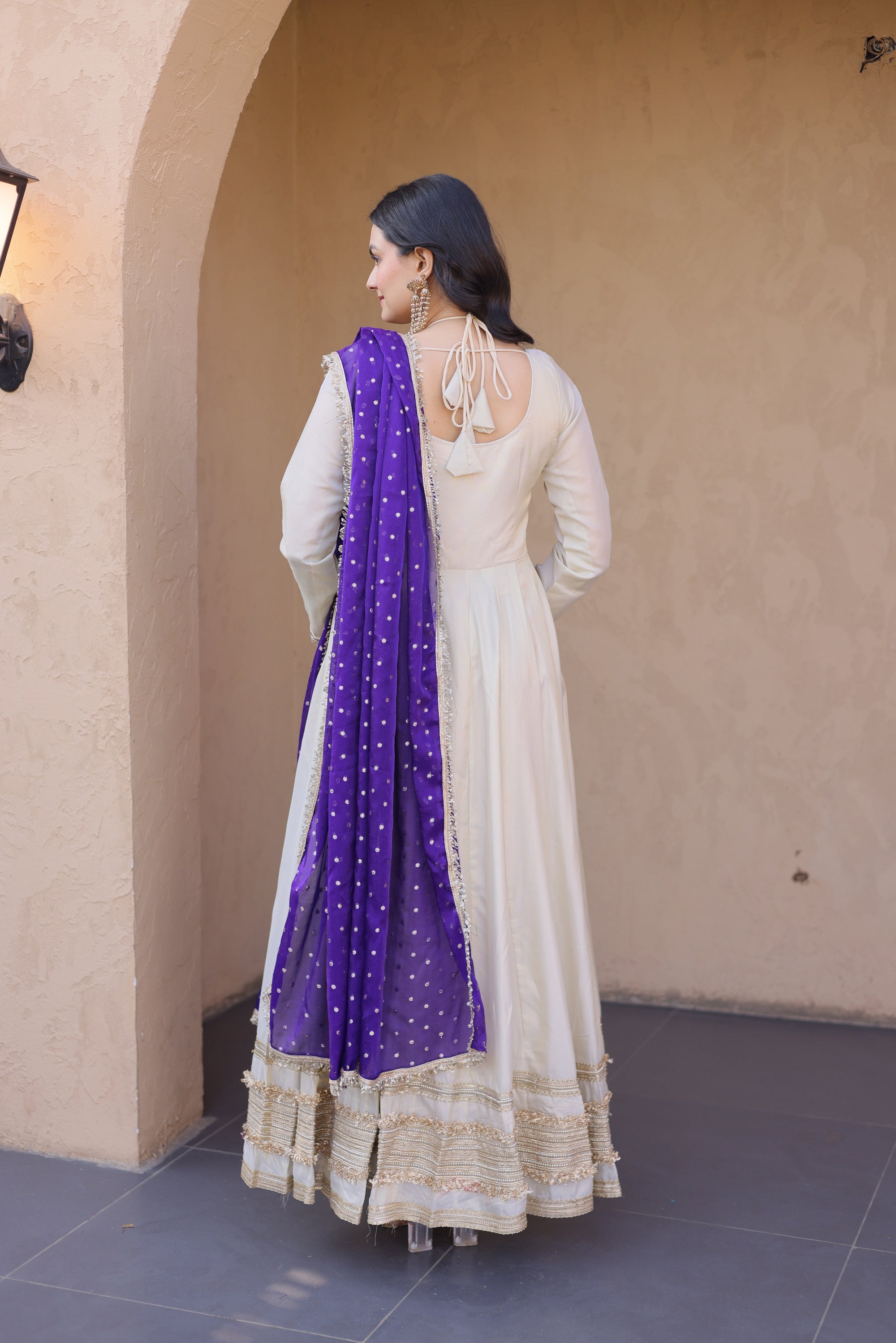 Lorenvalley Fashion Cream Cosmos with Real Mirror with Zari Embroidered lace work Gown with Dupatta
