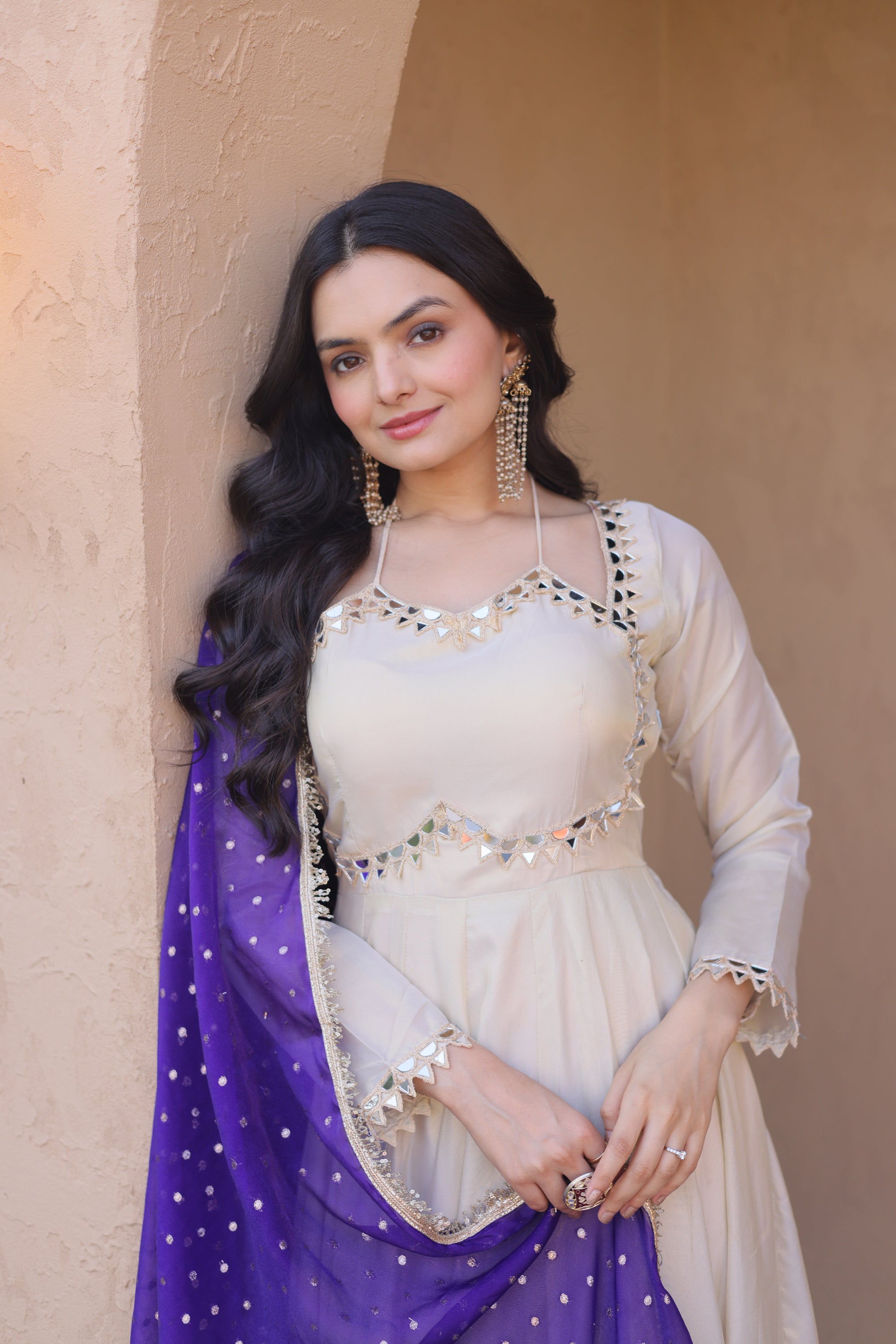 Lorenvalley Fashion Cream Cosmos with Real Mirror with Zari Embroidered lace work Gown with Dupatta