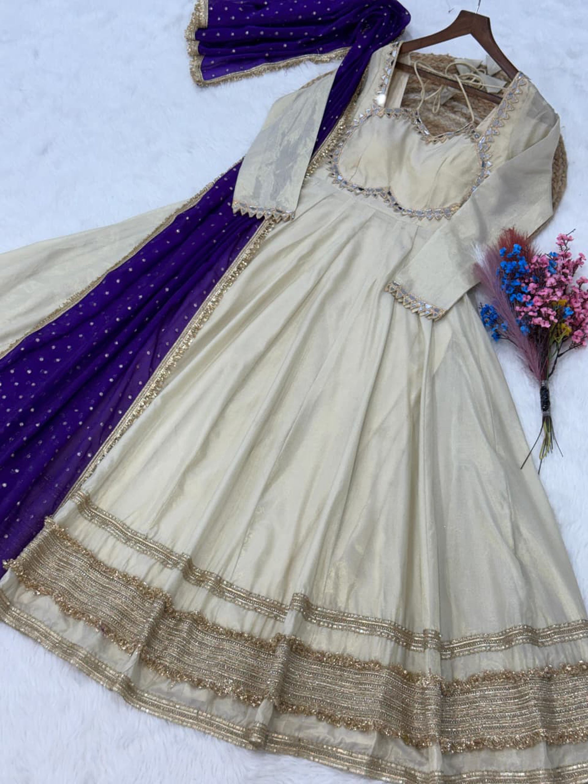 Lorenvalley Fashion Cream Cosmos with Real Mirror with Zari Embroidered lace work Gown with Dupatta