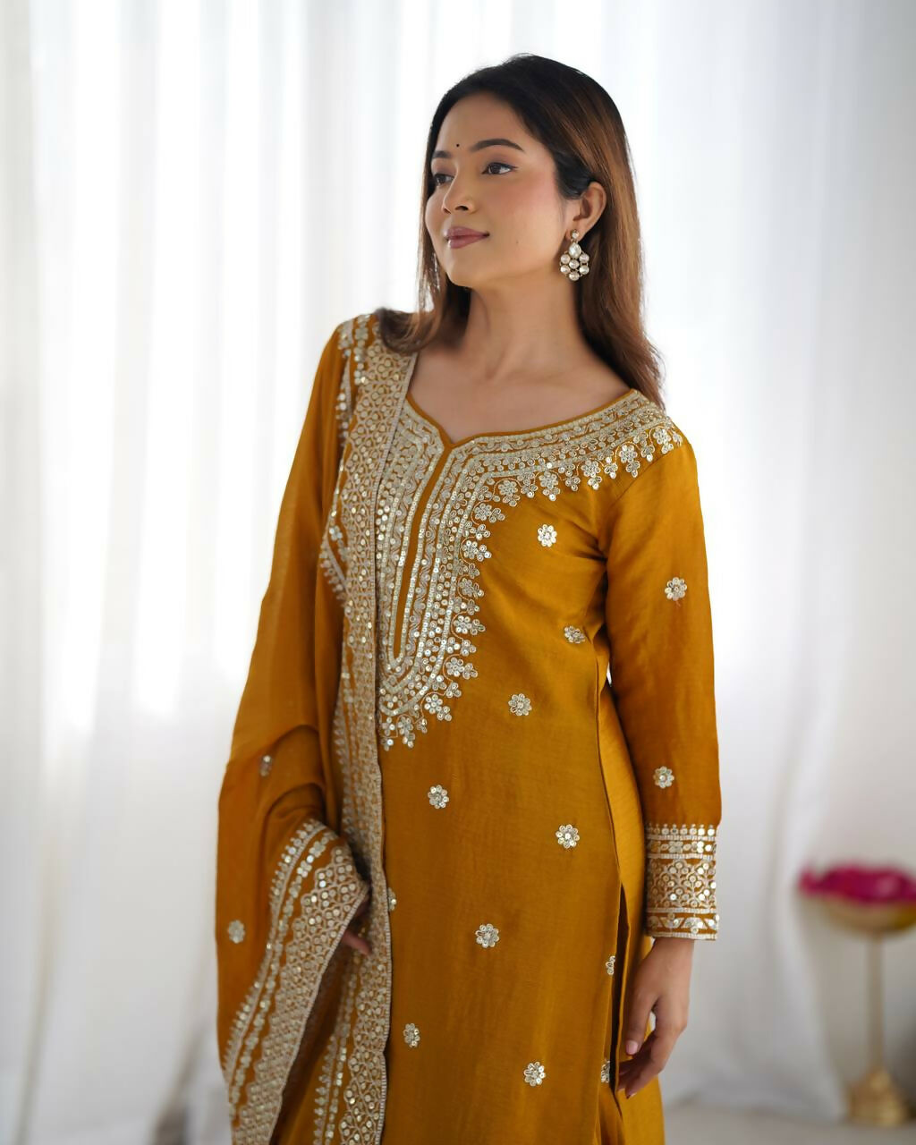 Joban Fashion Mustard Kurta Set Silk Sequins , Zari, Coding & Thread Embroidered work