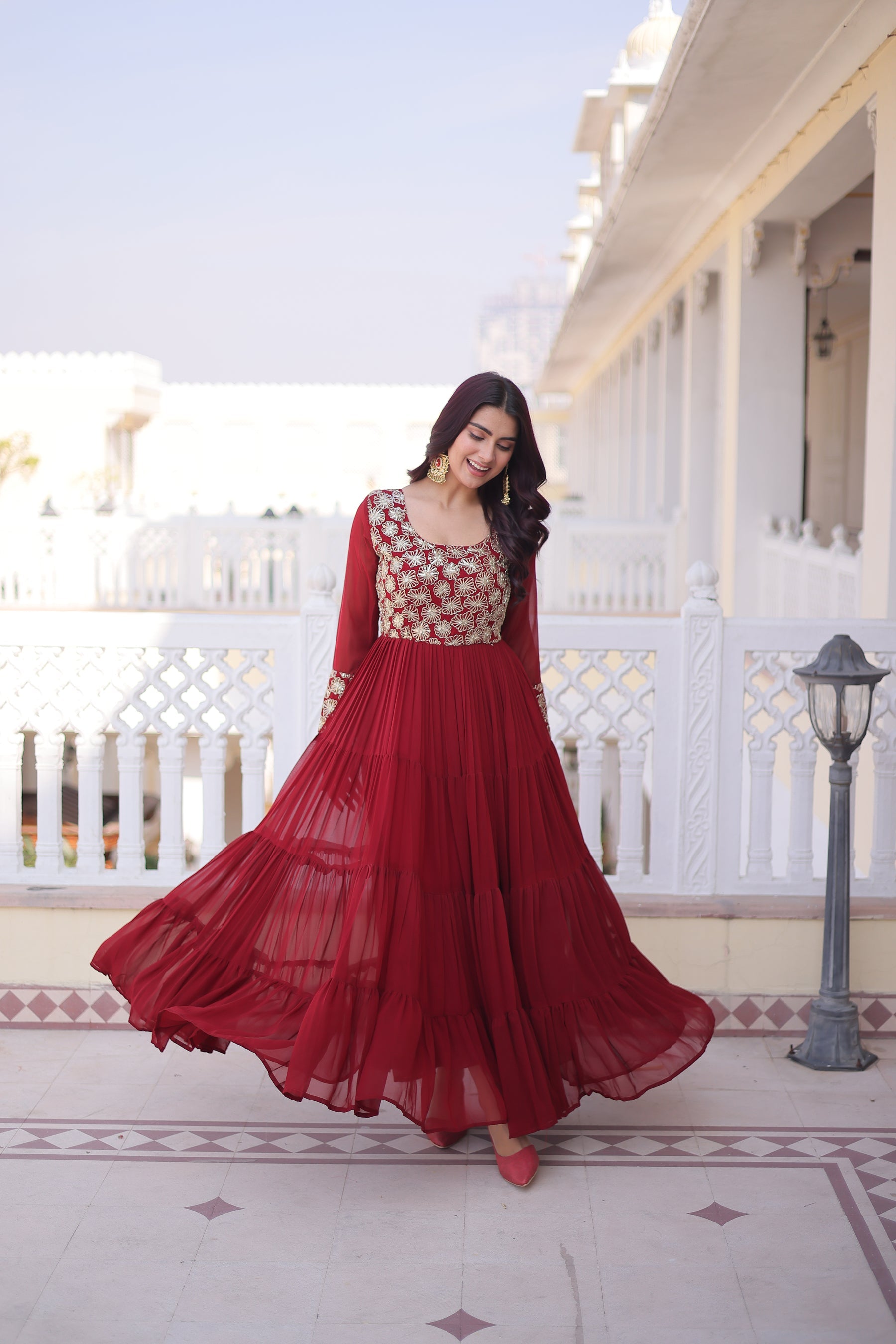 Lorenvalley Fashion Maroon Faux Blooming with Sequins & Zari with Pipe Embroidered work Gown