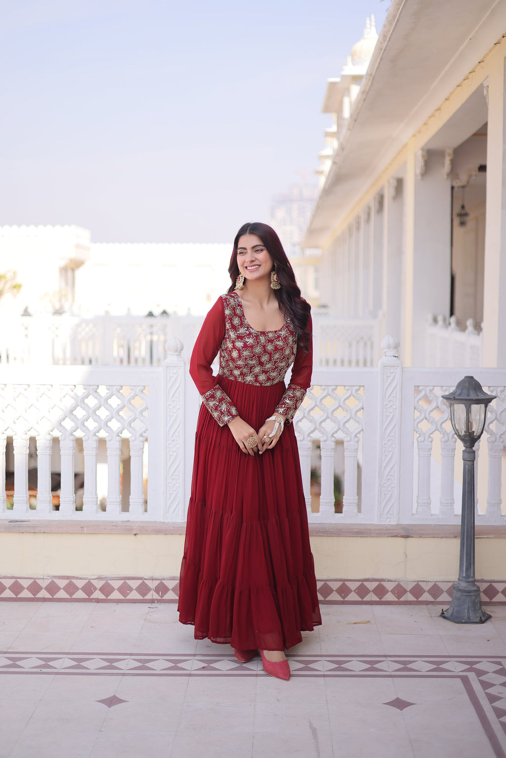 Lorenvalley Fashion Maroon Faux Blooming with Sequins & Zari with Pipe Embroidered work Gown