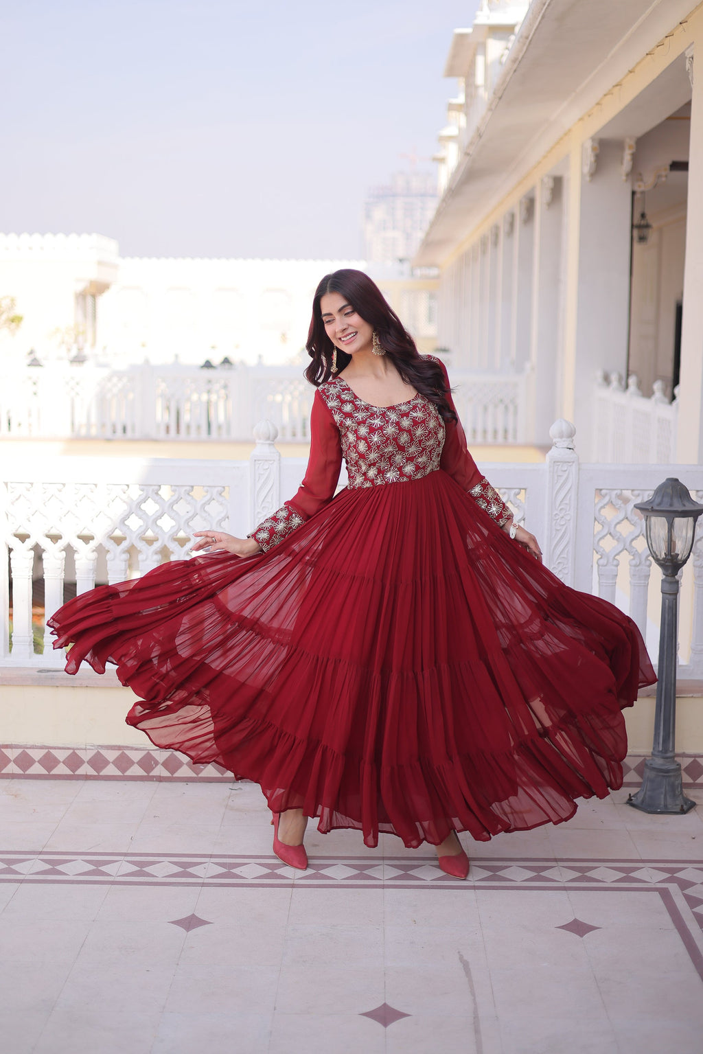 Lorenvalley Fashion Maroon Faux Blooming with Sequins & Zari with Pipe Embroidered work Gown