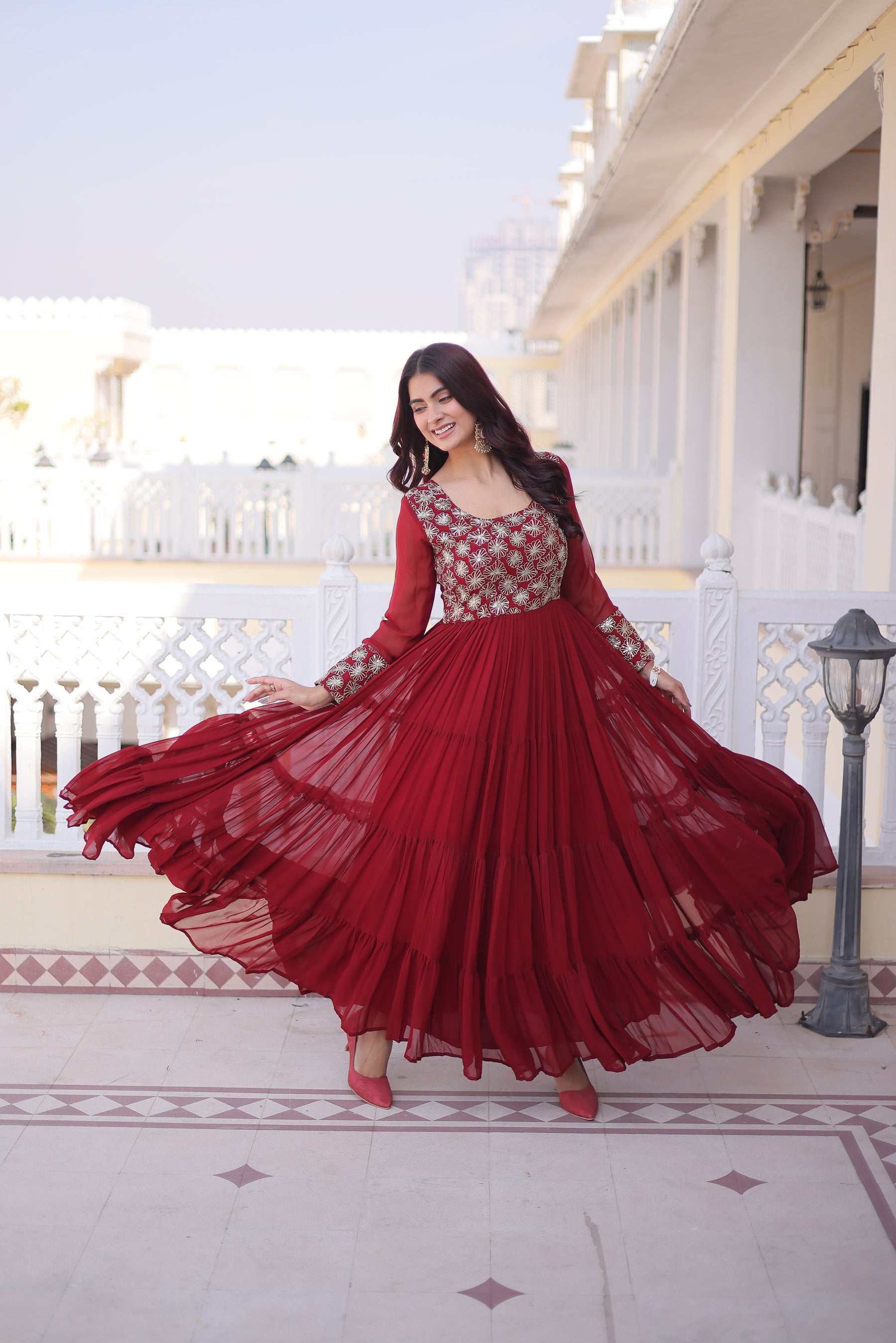 Lorenvalley Fashion Maroon Faux Blooming with Sequins & Zari with Pipe Embroidered work Gown
