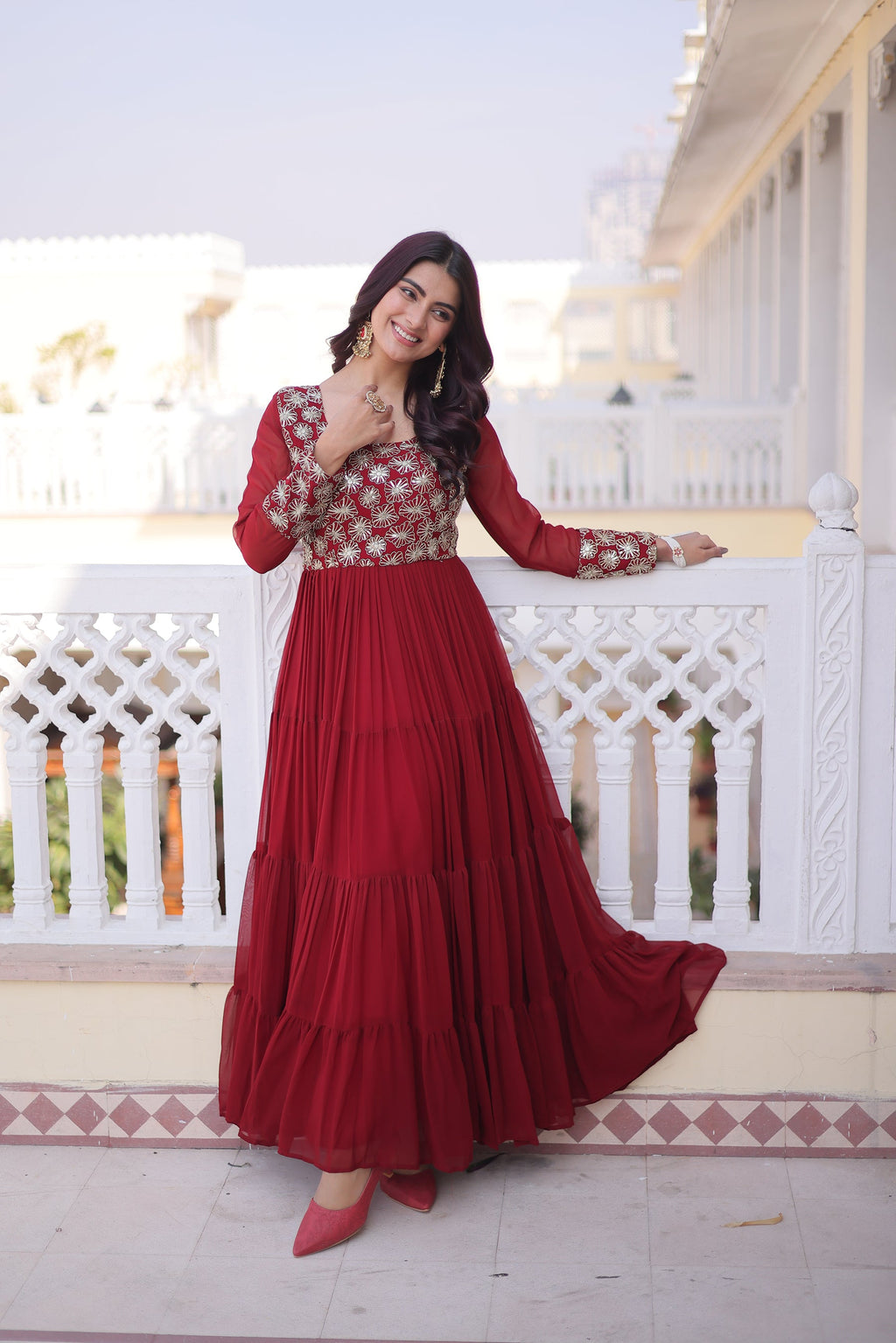 Lorenvalley Fashion Maroon Faux Blooming with Sequins & Zari with Pipe Embroidered work Gown