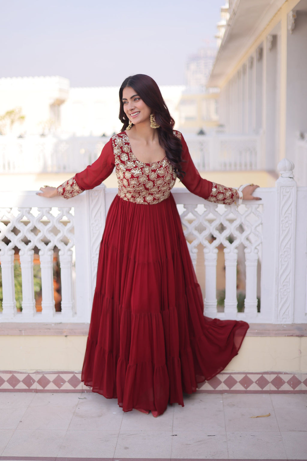 Lorenvalley Fashion Maroon Faux Blooming with Sequins & Zari with Pipe Embroidered work Gown