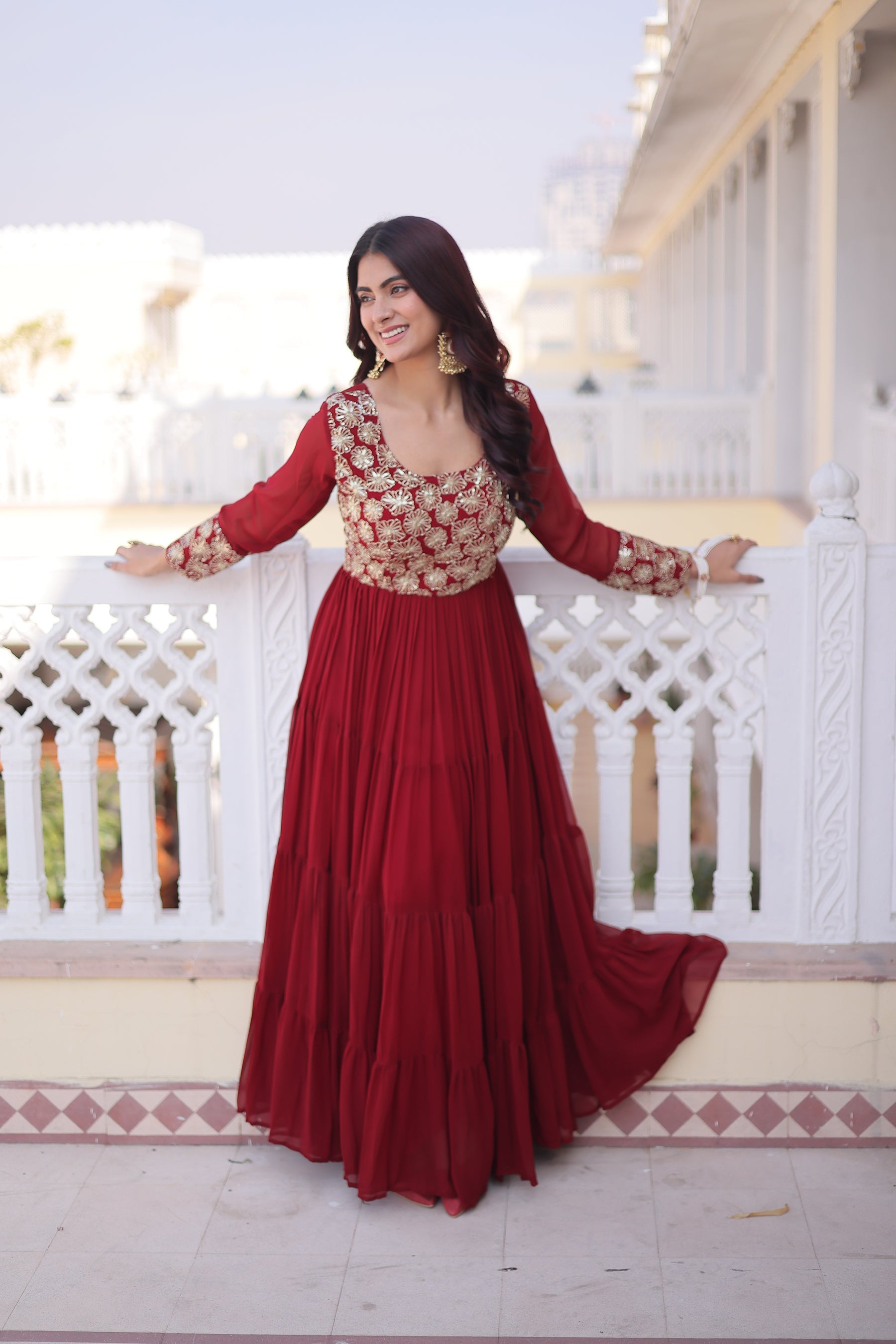Lorenvalley Fashion Maroon Faux Blooming with Sequins & Zari with Pipe Embroidered work Gown