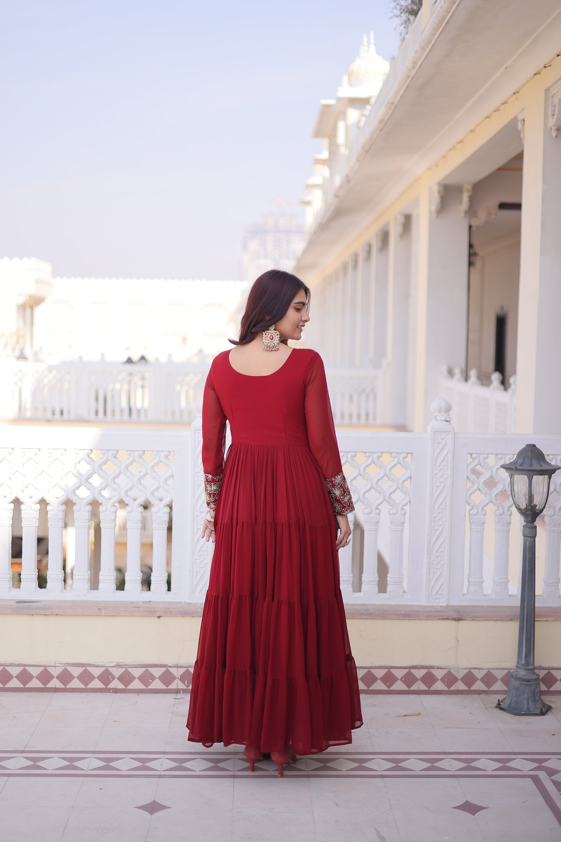 Lorenvalley Fashion Maroon Faux Blooming with Sequins & Zari with Pipe Embroidered work Gown