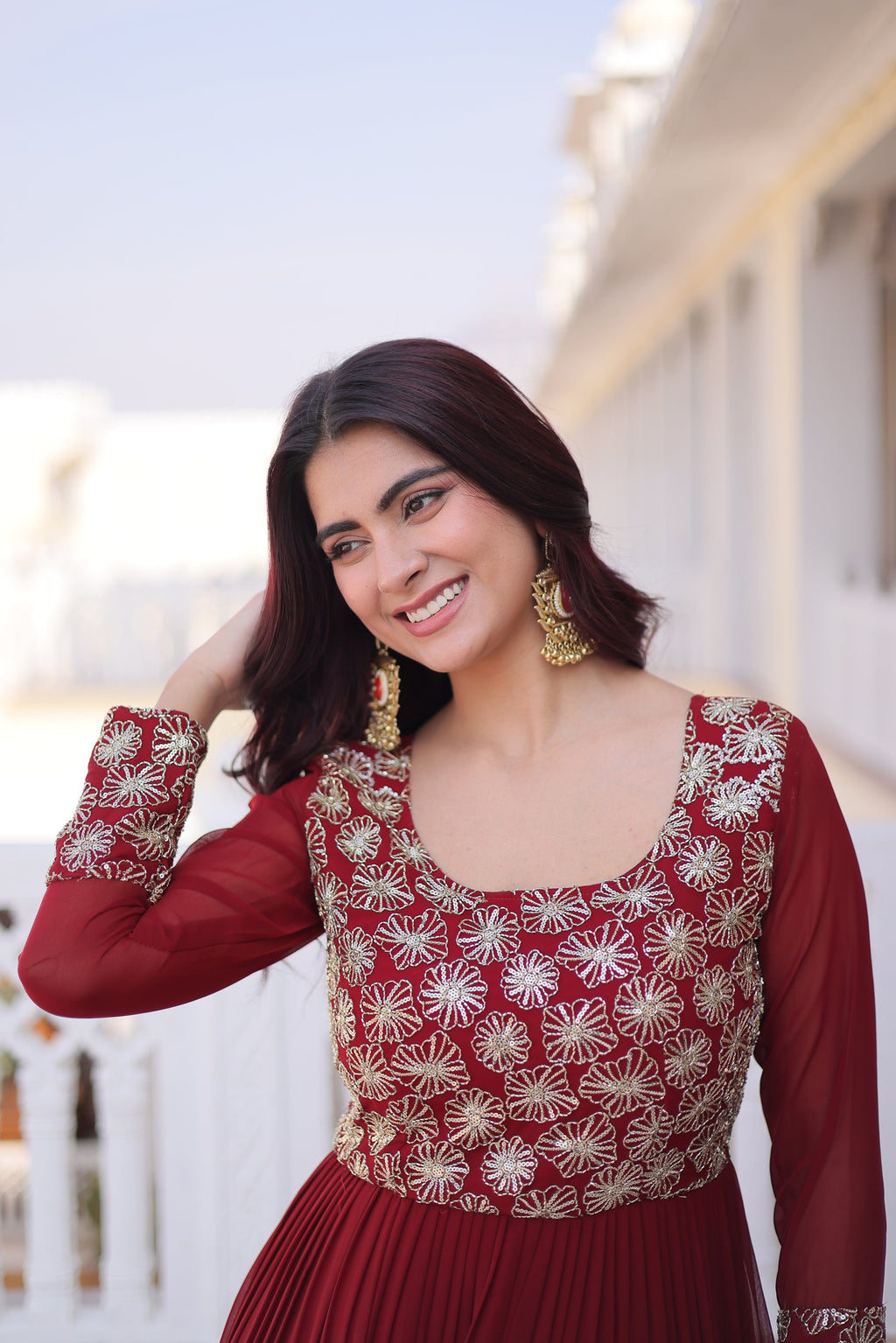 Lorenvalley Fashion Maroon Faux Blooming with Sequins & Zari with Pipe Embroidered work Gown