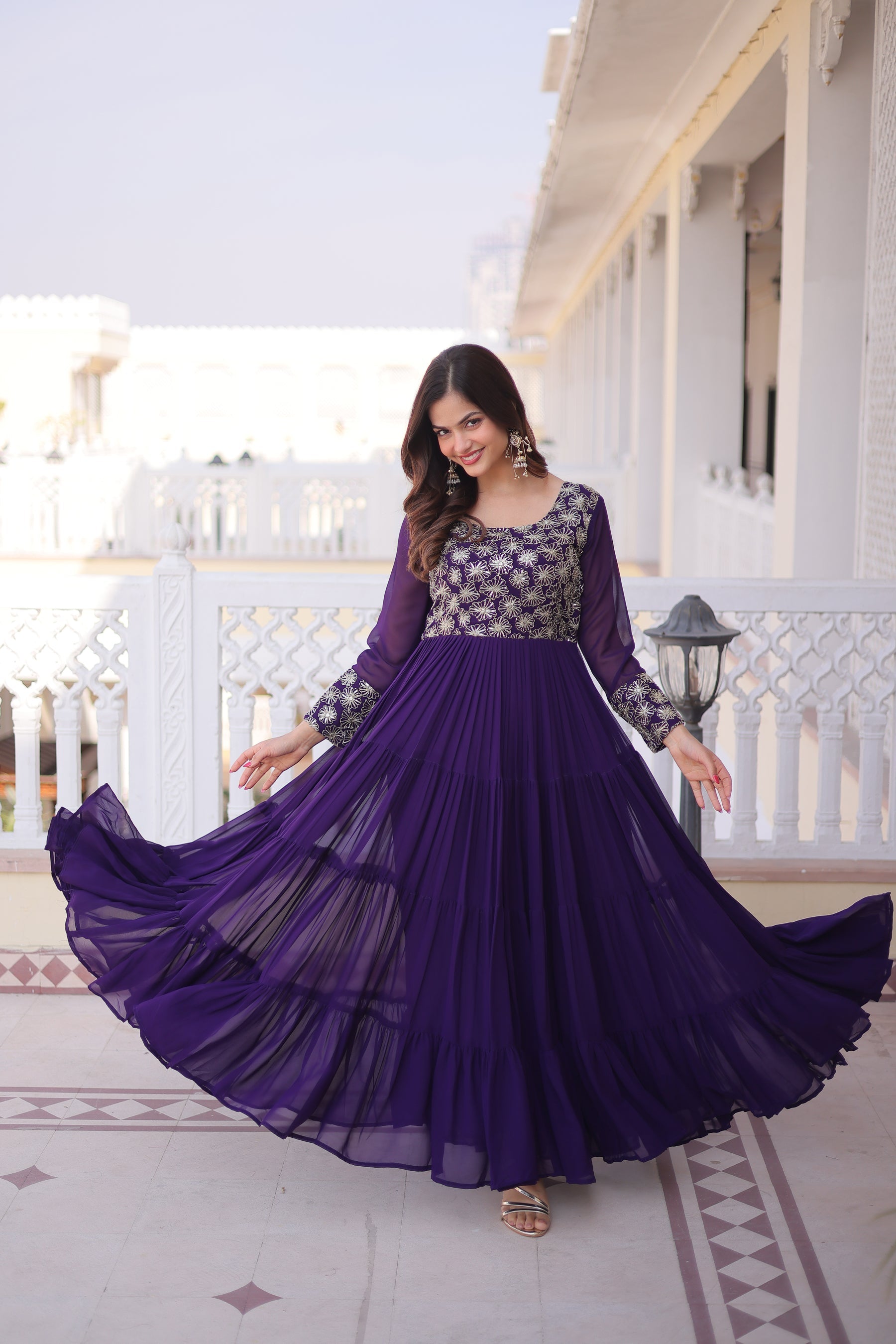 Lorenvalley Fashion Purple Faux Blooming with Sequins & Zari with Pipe Embroidered work Gown
