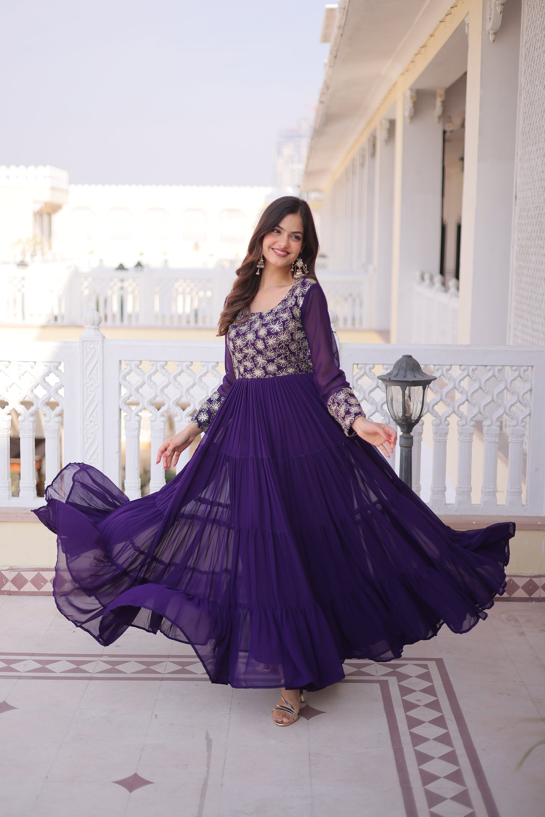 Lorenvalley Fashion Purple Faux Blooming with Sequins & Zari with Pipe Embroidered work Gown