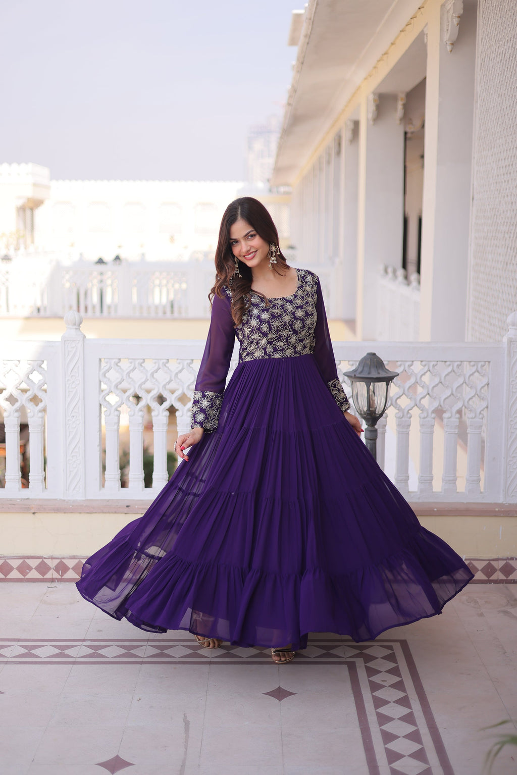Lorenvalley Fashion Purple Faux Blooming with Sequins & Zari with Pipe Embroidered work Gown
