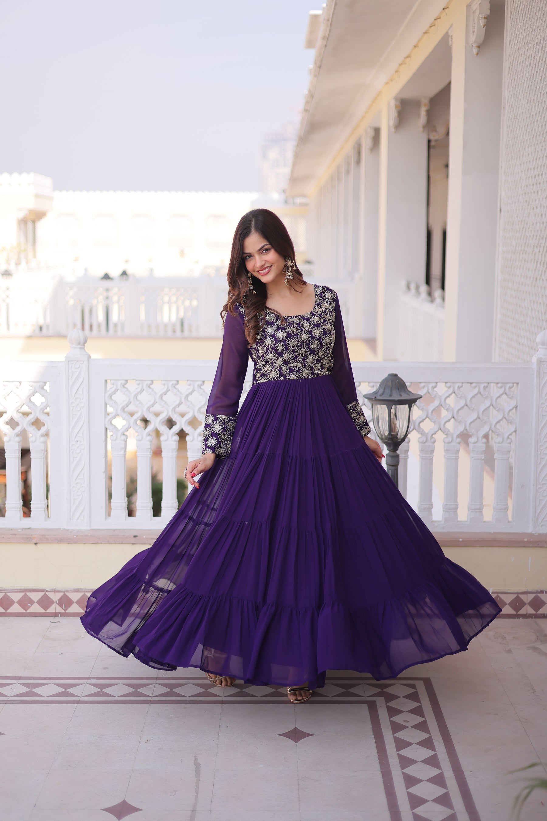 Lorenvalley Fashion Purple Faux Blooming with Sequins & Zari with Pipe Embroidered work Gown