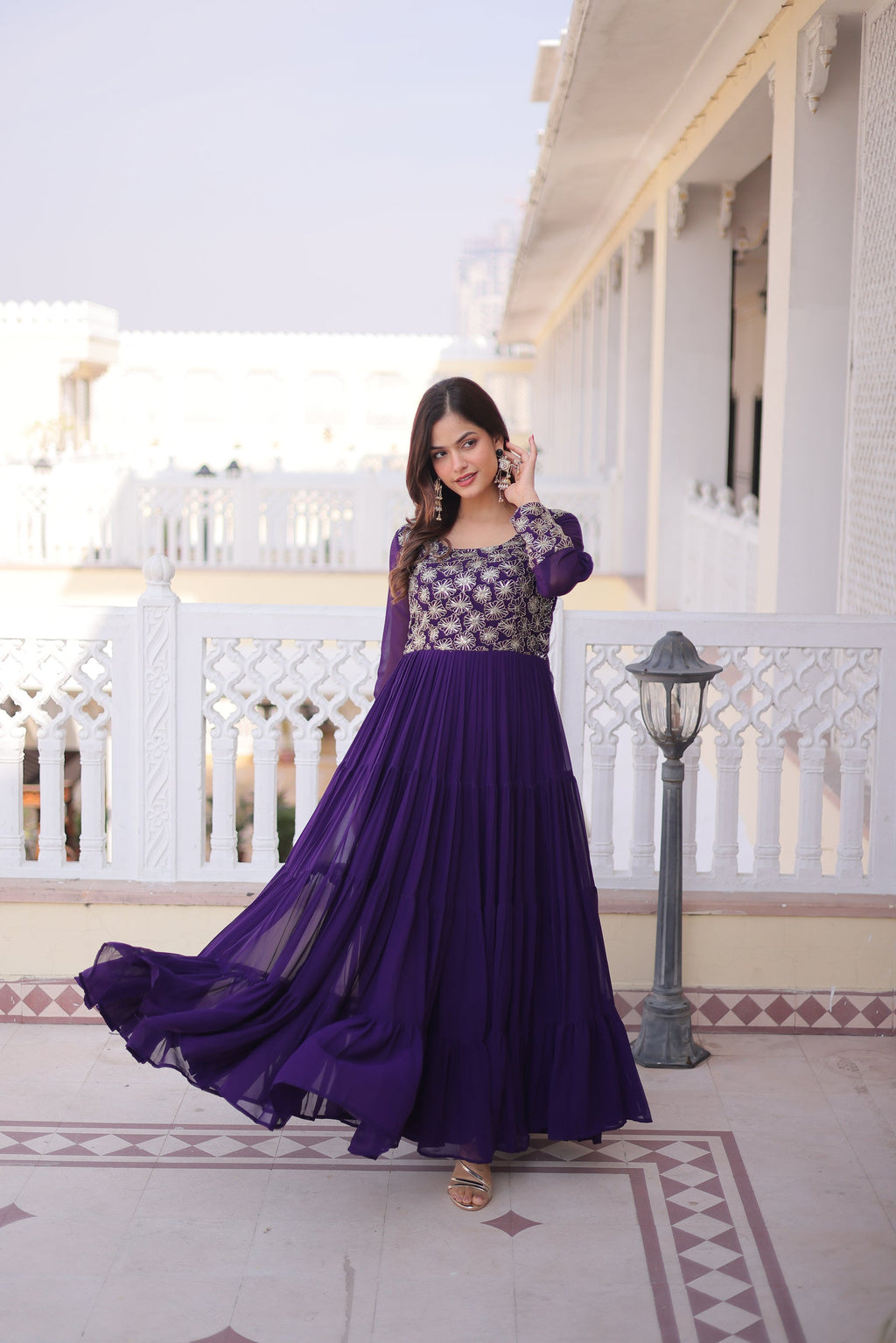 Lorenvalley Fashion Purple Faux Blooming with Sequins & Zari with Pipe Embroidered work Gown