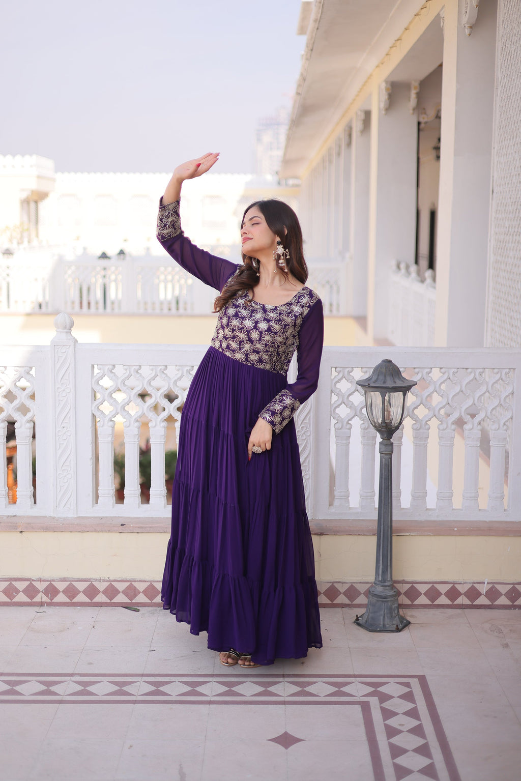 Lorenvalley Fashion Purple Faux Blooming with Sequins & Zari with Pipe Embroidered work Gown