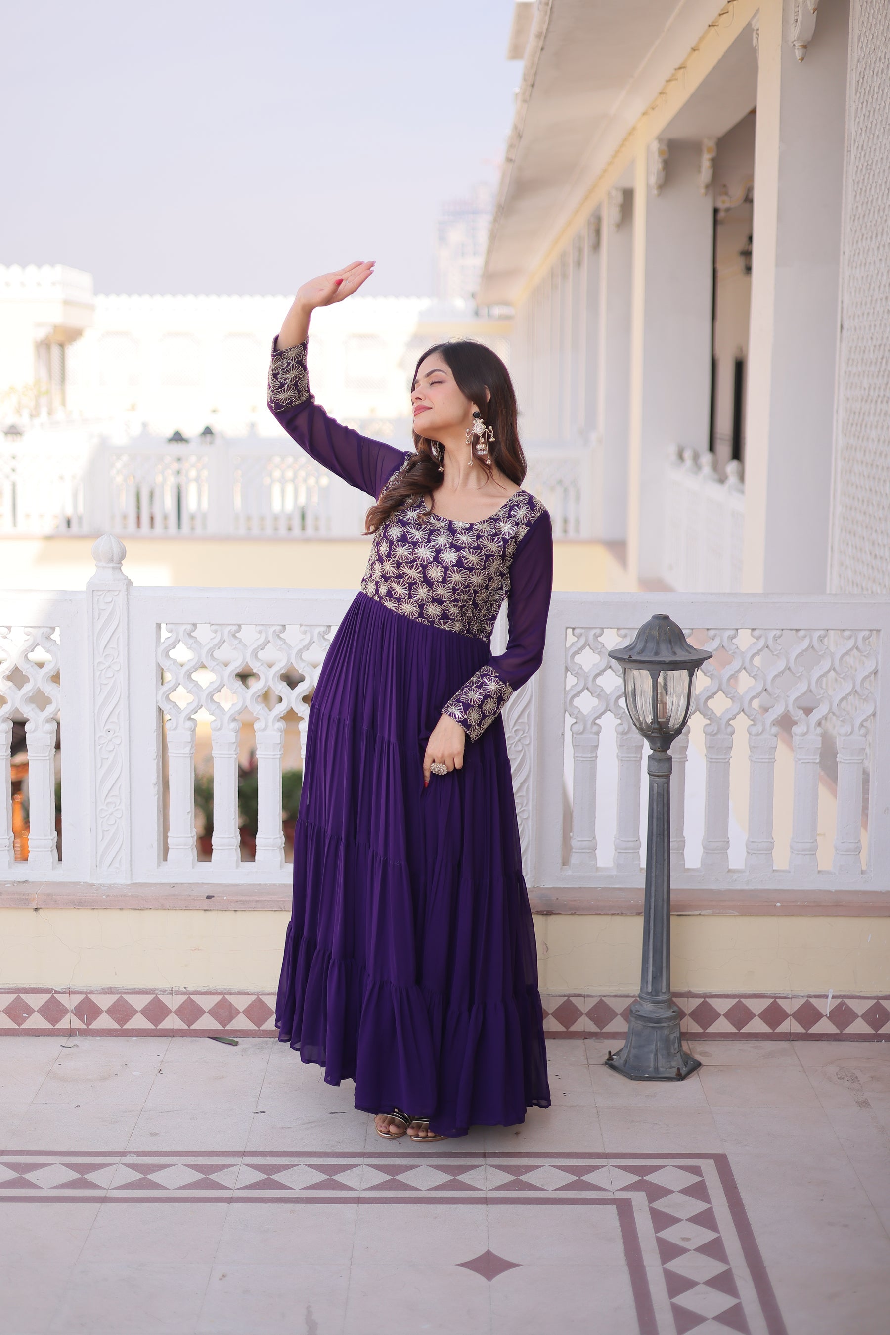 Lorenvalley Fashion Purple Faux Blooming with Sequins & Zari with Pipe Embroidered work Gown