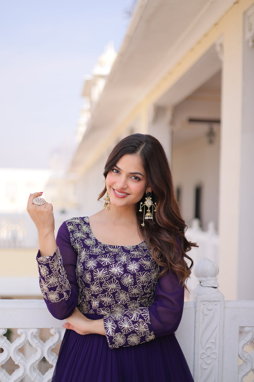 Lorenvalley Fashion Purple Faux Blooming with Sequins & Zari with Pipe Embroidered work Gown