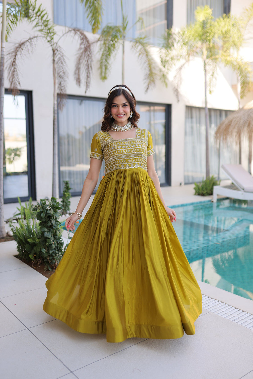 Lorenvalley Fashion Mehendi H O Silk with Sequins & Zari with Pipe Beads Embroidered work Gown