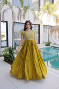 Lorenvalley Fashion Mehendi H O Silk with Sequins & Zari with Pipe Beads Embroidered work Gown