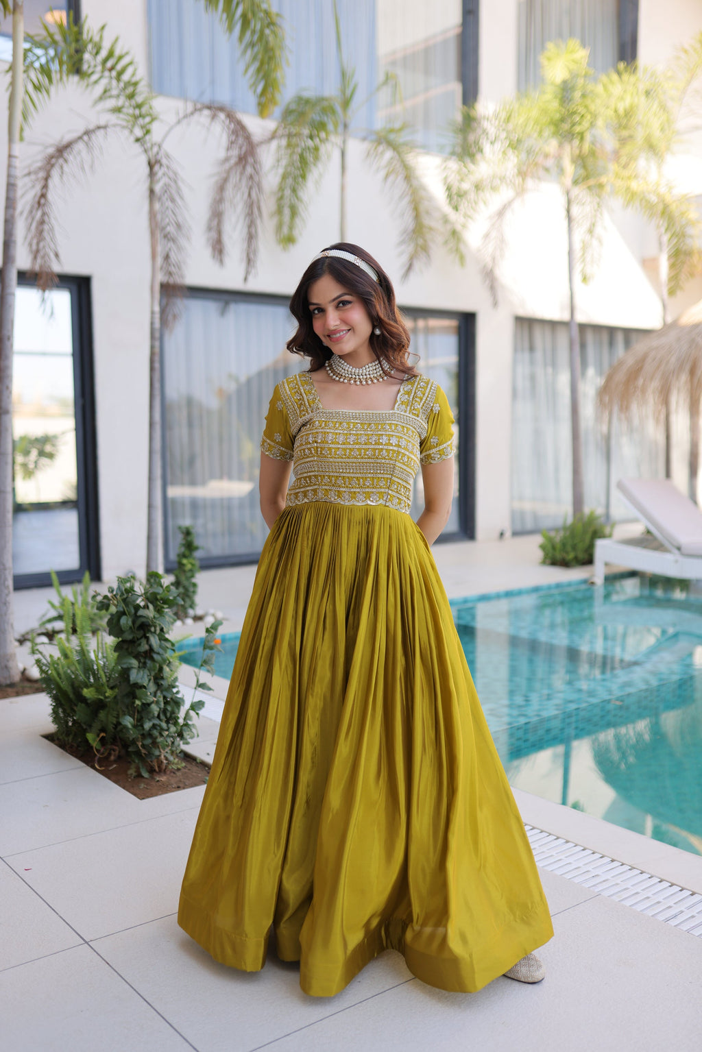 Lorenvalley Fashion Mehendi H O Silk with Sequins & Zari with Pipe Beads Embroidered work Gown