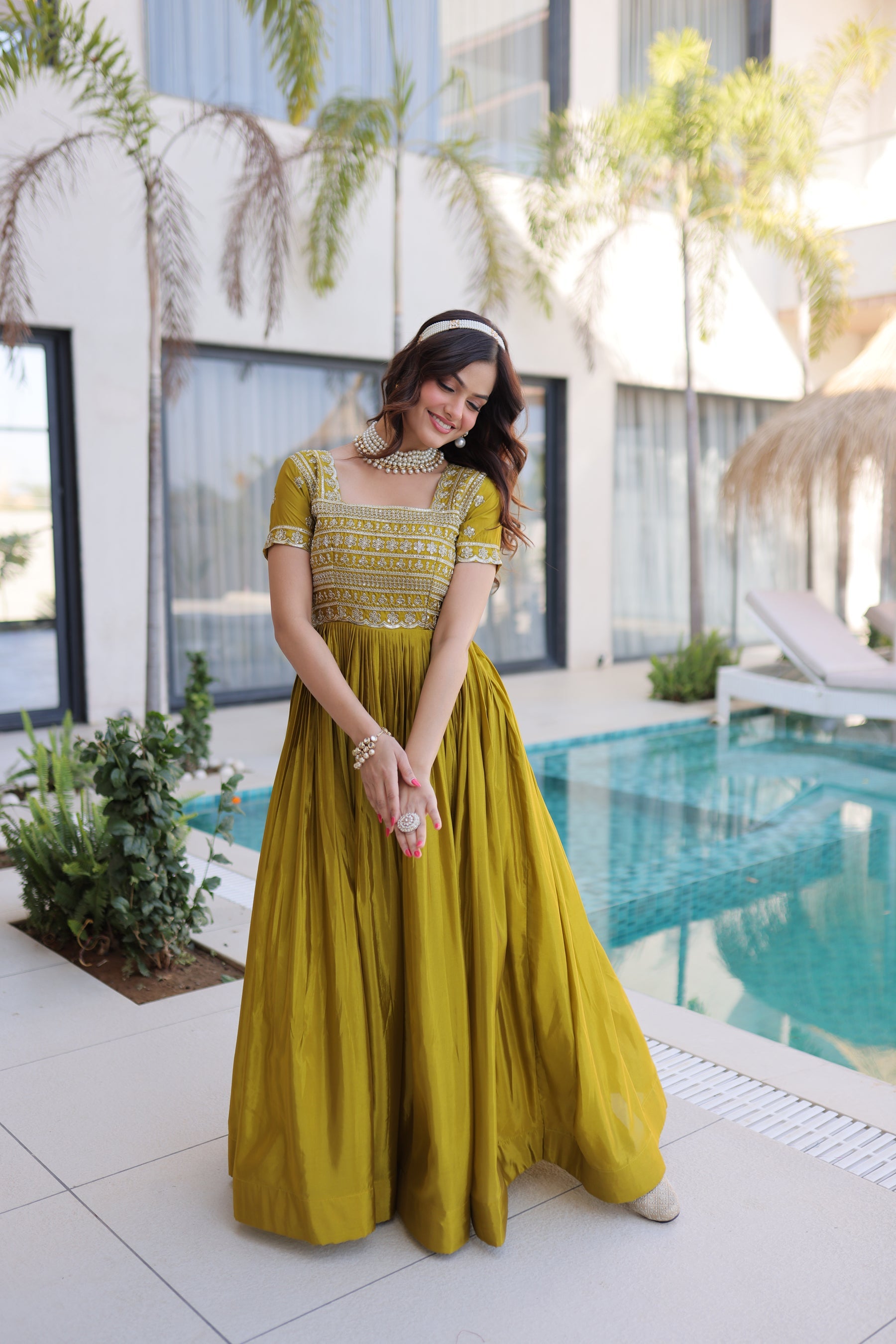 Lorenvalley Fashion Mehendi H O Silk with Sequins & Zari with Pipe Beads Embroidered work Gown