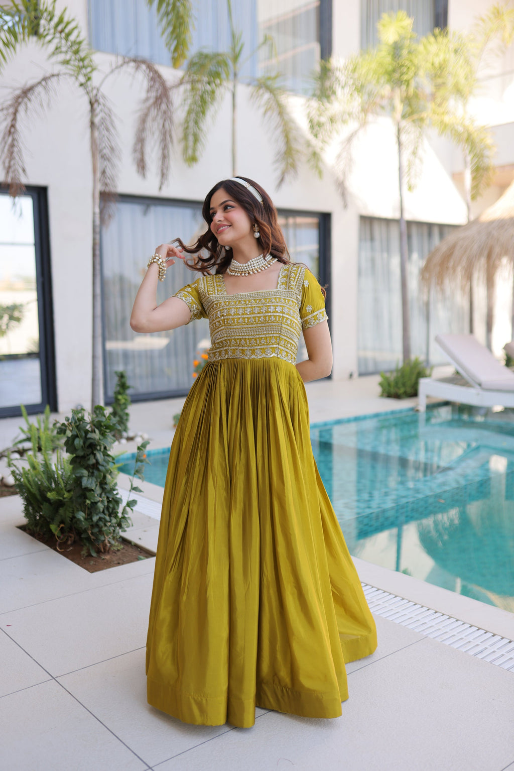 Lorenvalley Fashion Mehendi H O Silk with Sequins & Zari with Pipe Beads Embroidered work Gown