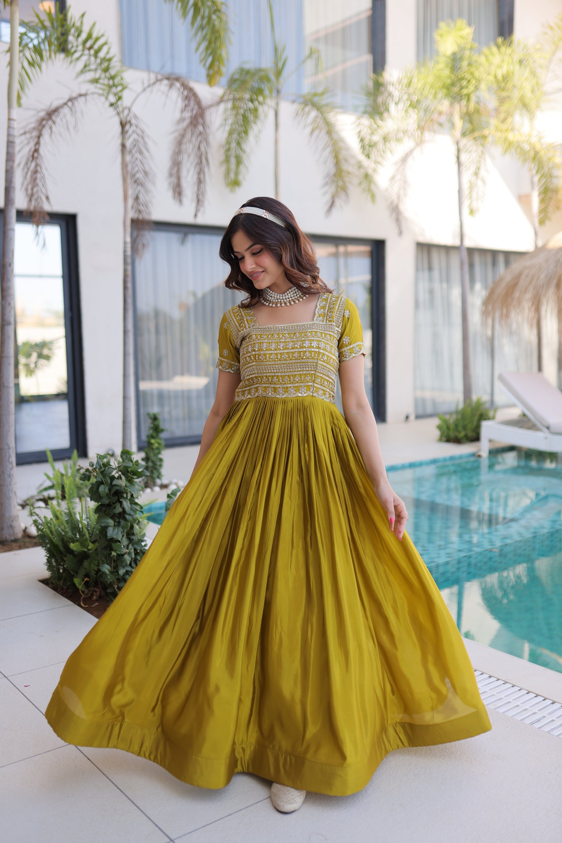 Lorenvalley Fashion Mehendi H O Silk with Sequins & Zari with Pipe Beads Embroidered work Gown