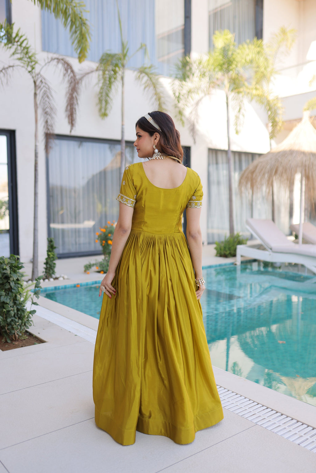 Lorenvalley Fashion Mehendi H O Silk with Sequins & Zari with Pipe Beads Embroidered work Gown